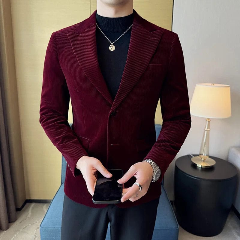 SHOWLU FASHION STORE Burgundy / 4XL 83-90kg Men Corduroy Blazer Jackets Slim Fit Luxury Evening Dresses Suit Coat Wedding Prom Clothing Black Red