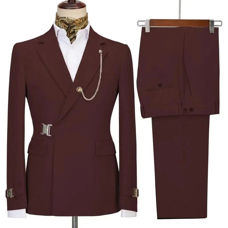 Men's burgundy 2-piece slim fit suit by SHOWLU FASHION STORE, featuring Italian style cotton blazer and matching pants, perfect for formal occasions.