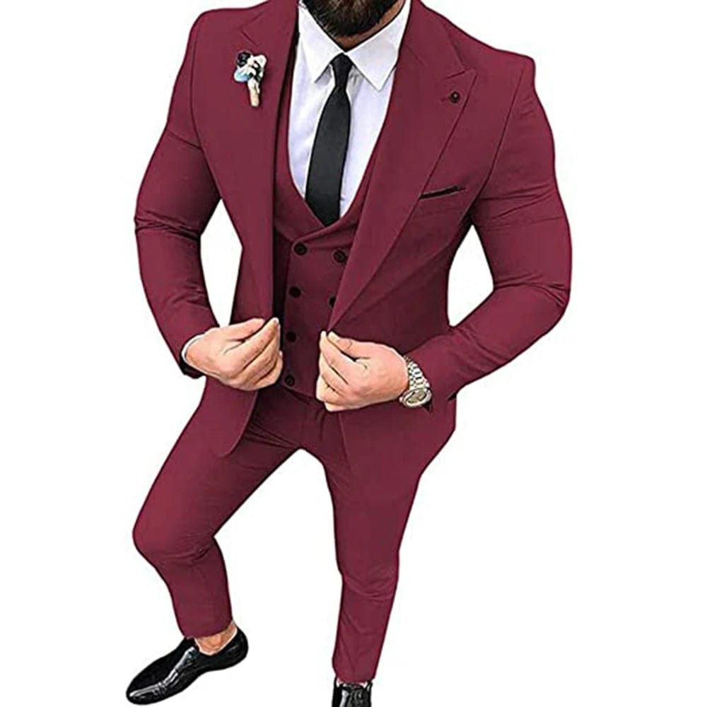 Showlu Fashion Store Burgundy / 5XL(EU60) / CHINA 2022 Men Suits for Wedding Party Business And Casual Suit Peak Lapel 3 Piece （Blazer + Vest + Pants）Slim Fit  Costume Homme