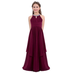 SHOWLU FASHION STORE Burgundy / 8 Chiffon Flower Girls Dress Floor-Length Sleeveless Wedding Party Dress Sequined Halter Flower Girl Dress Princess Pageant Dress