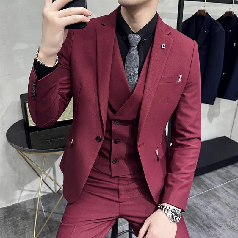 SHOWLU FASHION STORE Burgundy / Asia 2XL(175cm-74kg) 5XL 4XL Fashion New Men Leisure Boutique Business Solid color Suit Vest Pants 3 Pcs Set Casual Dress Blazers Jacket Coat Trosers