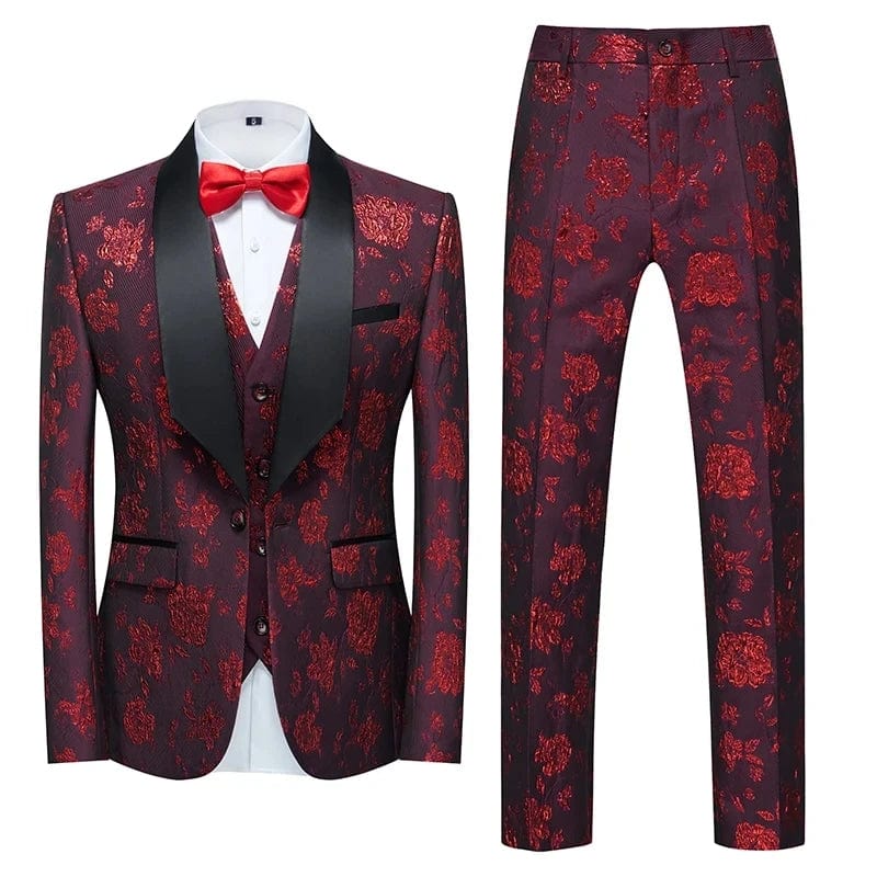 SHOWLU FASHION STORE Burgundy / Asian 5XL is Eur 3XL (Jacket+Vest+Pant) Men Business Casual Slim Fit Suits 3 Pieces Sets Fashion Flower Printed Tuxedo Wedding Formal Dress Blazers