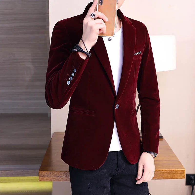 SHOWLU FASHION STORE Burgundy / Asian M is Eur XS 5XL New Autum Velvet Wedding Dress Coat Mens Blazer Jacket Fashion Casual Suit Jacket Stage Men's Business Blazers Costume Homme