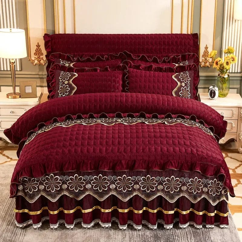 SHOWLU FASHION STORE Burgundy / CHINA|Bed Skirt / 1.8x2m (6 feet)bed Europe Thick Velvet Quilted Bedding Set Duvet Cover 220x240 Luxury King Queen Bed Linen 2 People Bedspread Lace Ruffles Solid