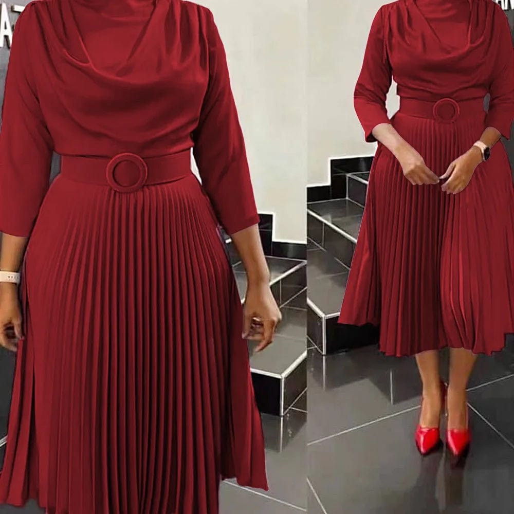 SHOWLU FASHION STORE Burgundy Dress / M Elegant Office Dress Pleated for Women Professional Round Neck Full Sleeve Belt Waisted Mid Calf Formal Business Work Dress New