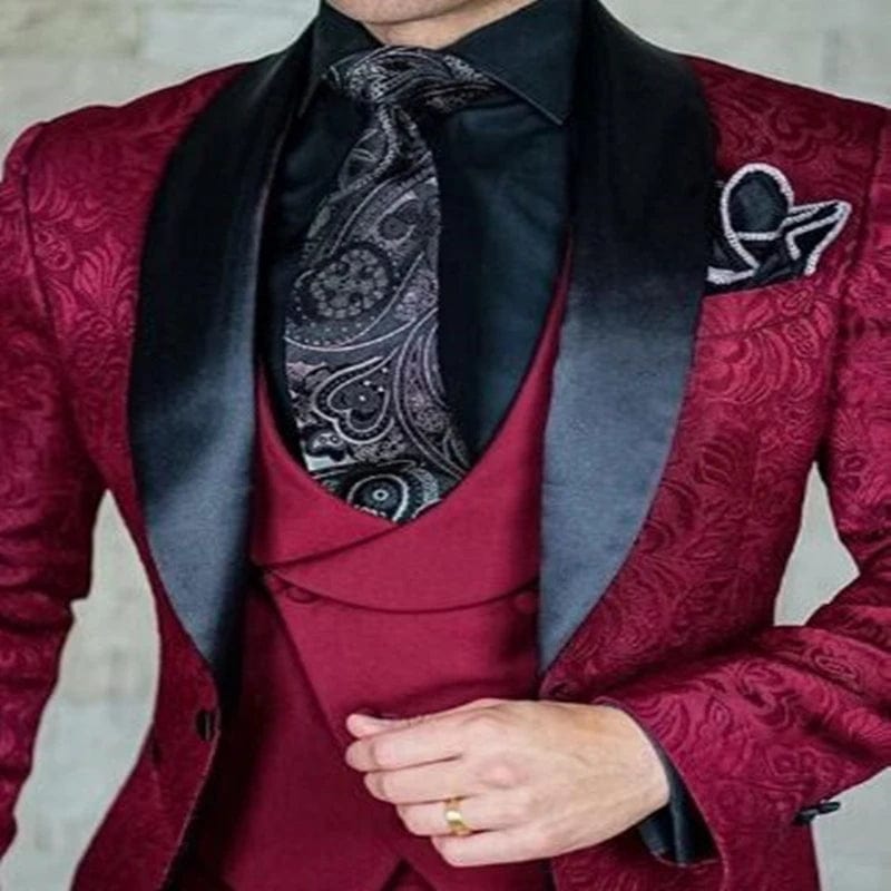 SHOWLU FASHION STORE Burgundy / S(EU46 or US36) Costume Homme Jacquard Men Suits Shawl Lapel Business Wedding Tuxedos Slim Fit Groom Blazer Vest Pants for Prom Party 3 Pieces