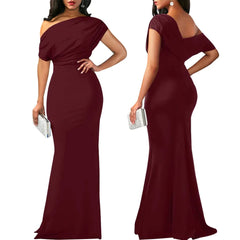 Showlu Fashion Store Burgundy / S Women Oblique Shoulder Slim Folds Long Dress Elegant Evening Party Floor Length Dresses Vestido de festa