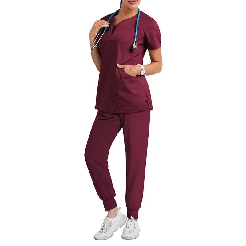 SHOWLU FASHION STORE Burgundy set / M(50-60KG) Nurse Women Casual Short Sleeved Apparel Top Pharmacy Working Medical Hospital Doctor Nursing Uniform V-neck Jogger