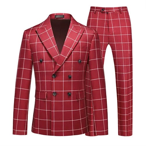 SHOWLU FASHION STORE Burgundy / XS ( Jacket + Pant ) Luxury Men Groom Wedding Suits High Quality Business Social Prom Party Double Breasted Plaid Dress 2 Piece