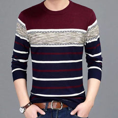  Showlu Fashion Store Burgundy / XXXL (80kg-90kg) Men's Sweater 2024 New Spring Autumn O-Neck Striped Slim Knittwear Male Pullover Clothing Knit Shirt Student Fashion Sweater