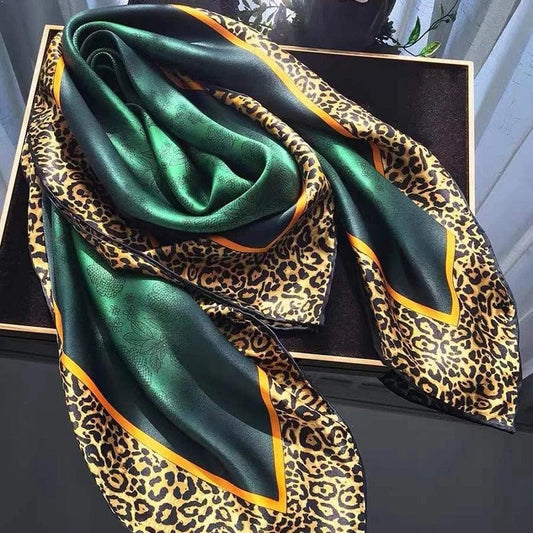  Showlu Fashion Store [BYSIFA] New Emerald Green Silk Scarf Women Brand Leopard Printed Square Scarves 90*90cm Fashion Accessories Headscarves Hijabs