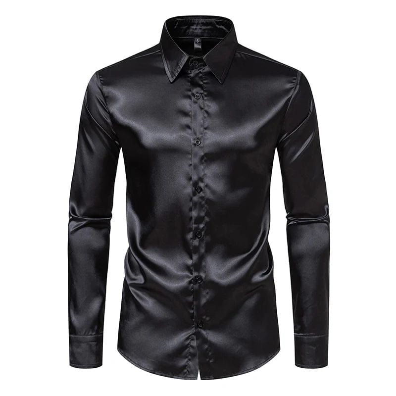 SHOWLU FASHION STORE C30 Black / US S Men's Black Satin Luxury Dress Shirts Fashion Silk Smooth Tuxedo Shirt Solid Wedding Party Prom Casual Shirt Business Office