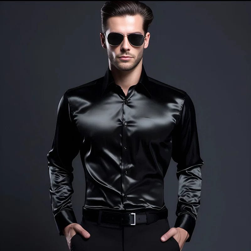 SHOWLU FASHION STORE C30 Black / US S Men's Satin Luxury Dress Shirts Fashion Silk Smooth Male Tuxedo Shirt Solid Wedding Party Prom Casual Shirt Business Office