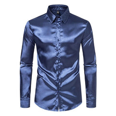 SHOWLU FASHION STORE C30 Navy Blue / US XXL Men's Black Satin Luxury Dress Shirts Fashion Silk Smooth Tuxedo Shirt Solid Wedding Party Prom Casual Shirt Business Office