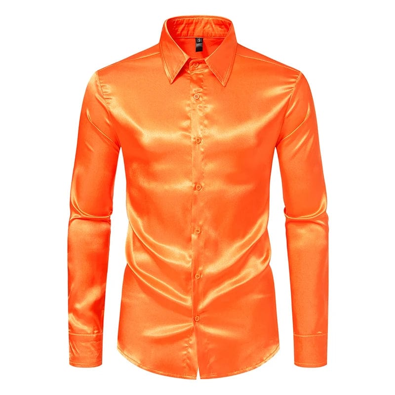 SHOWLU FASHION STORE C30 Orange / US M Men's Black Satin Luxury Dress Shirts Fashion Silk Smooth Tuxedo Shirt Solid Wedding Party Prom Casual Shirt Business Office