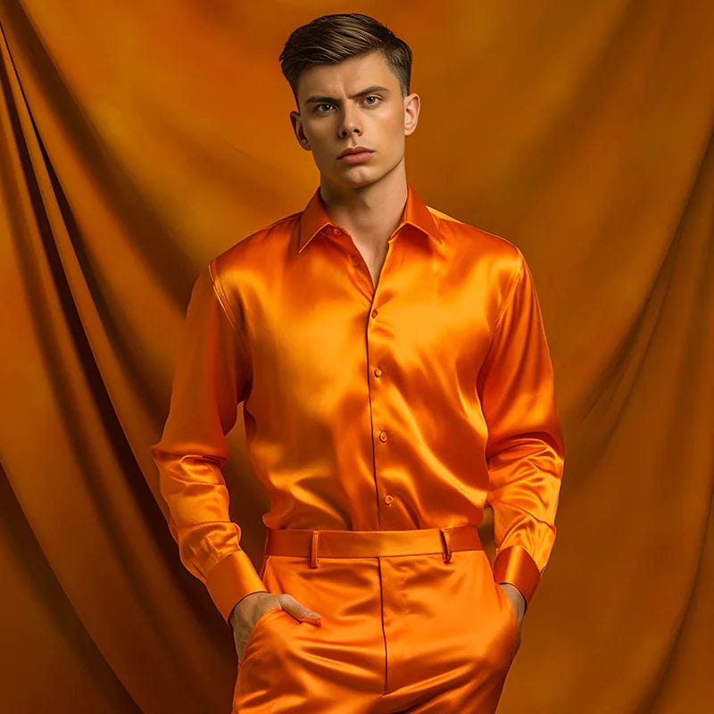 SHOWLU FASHION STORE C30 Orange / US S Men's Satin Luxury Dress Shirts Fashion Silk Smooth Male Tuxedo Shirt Solid Wedding Party Prom Casual Shirt Business Office