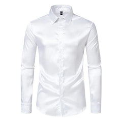 SHOWLU FASHION STORE C30 White / US M Men's Black Satin Luxury Dress Shirts Fashion Silk Smooth Tuxedo Shirt Solid Wedding Party Prom Casual Shirt Business Office