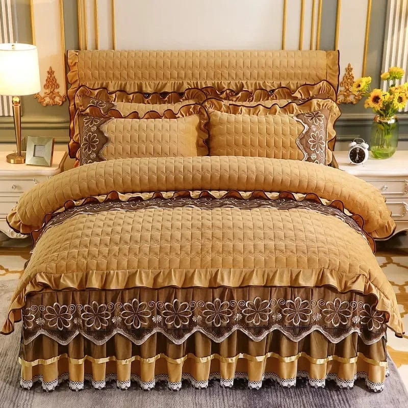 SHOWLU FASHION STORE Camel / CHINA|Bed Skirt / 1.8x2m (6 feet)bed Europe Thick Velvet Quilted Bedding Set Duvet Cover 220x240 Luxury King Queen Bed Linen 2 People Bedspread Lace Ruffles Solid