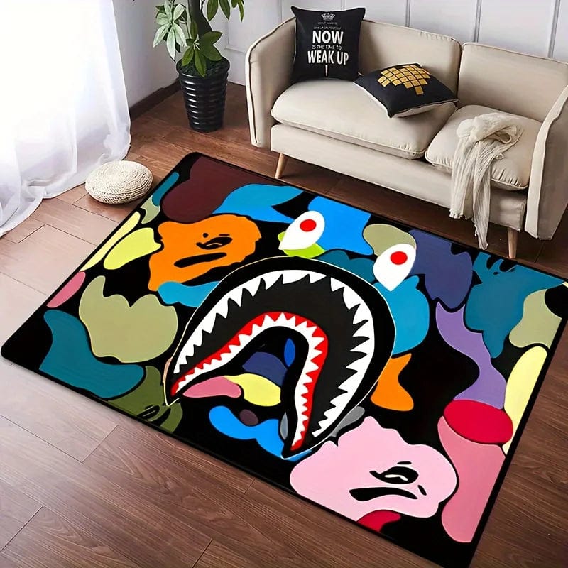 SHOWLU FASHION STORE Camo Shark Face Cool Area Rug Non-Slip Large Carpet Washable Bathroom Door Mat for Kitchen Living Room Bedroom Home Decoration