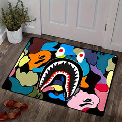 SHOWLU FASHION STORE Camo Shark Face Cool Area Rug Non-Slip Large Carpet Washable Bathroom Door Mat for Kitchen Living Room Bedroom Home Decoration