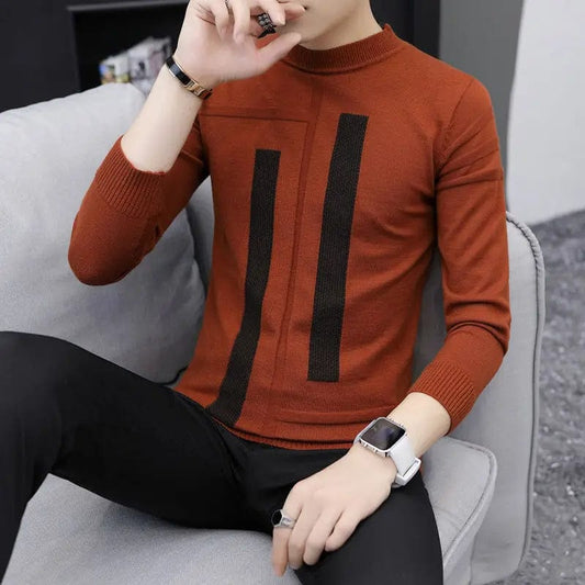 SHOWLU FASHION STORE caramel 9972 / XL(58-65kg) Fashion Stand Collar Spliced Korean Sweaters Men's Clothing 2023 Autumn Winter Loose Knitted All-match Pullovers Casual Tops