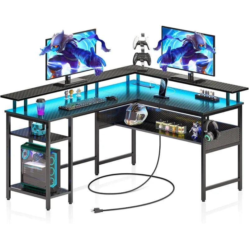 SHOWLU FASHION STORE Carbon Fiber-56.7 / United States Computer Desk L Shaped 56.7" with LED Lights and Power Outlets, Reversible L Shaped Gaming Desk with Monitor Stand