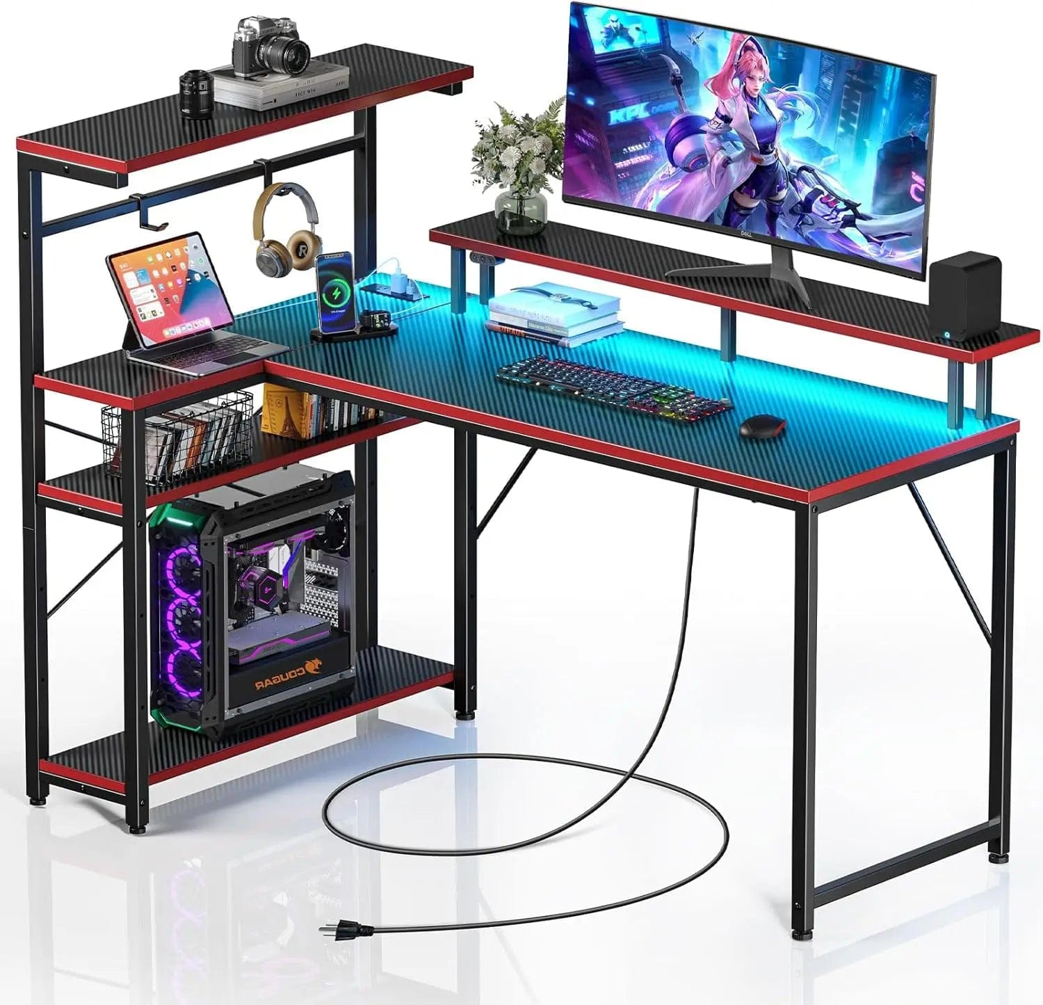 SHOWLU FASHION STORE Carbon Fiber Black / United States Seventable Gaming Desk with Power Outlet and LED Light, Reversible Small Desk with Monitor Stand,4 Tiers Shelves and Hooks,39" L