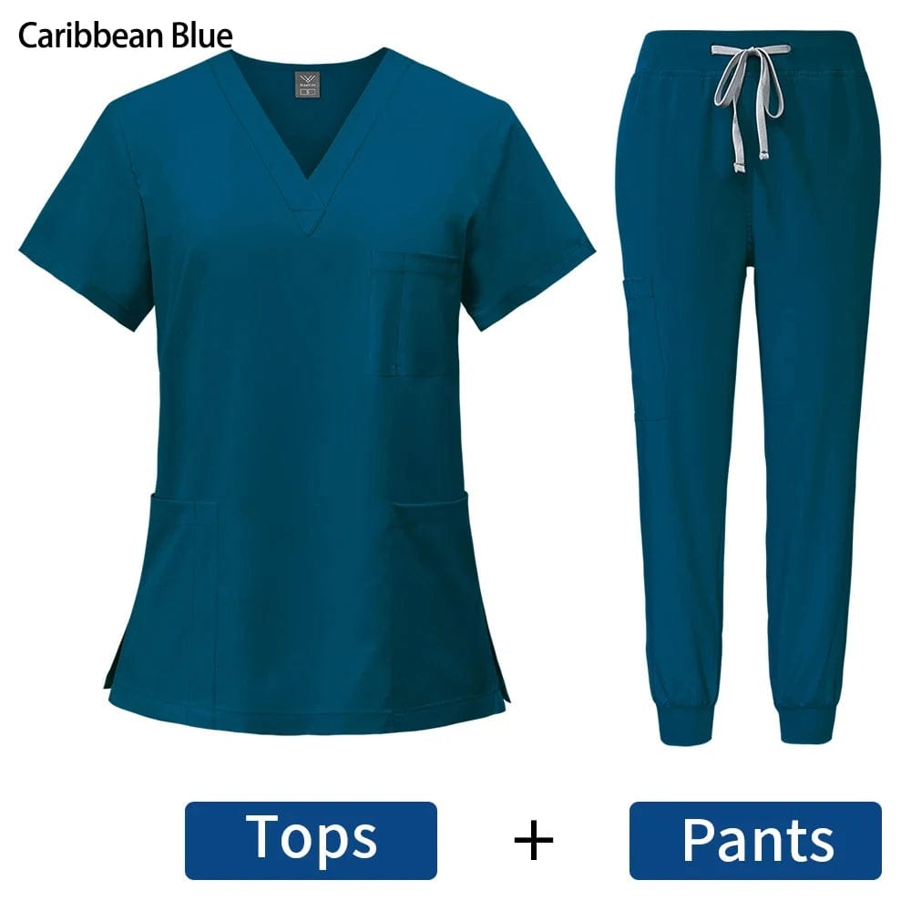 SHOWLU FASHION STORE caribbean blue 42109 / S Surgical Uniforms Woman Nursing Enfermeria Sets Top + Pant Articles Medical Uniform Scrubs Clinical Beauty Salon hospital Suits