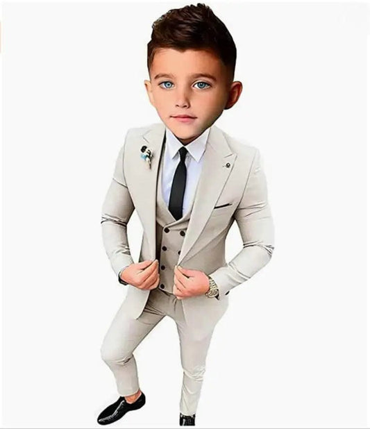 Showlu Fashion Store Casual Boys Suit Wedding Tuxedo 3 Piece Beige Jacket Pants Vest Kids Costume Blazer Set Peaked Lapel Slim Fit Outfit Fashion