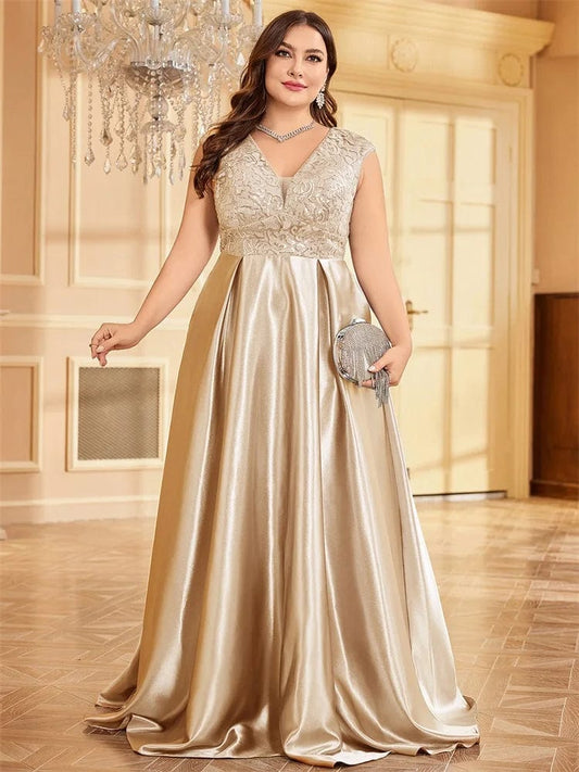 SHOWLU FASHION STORE Champagne / 0XL Lucyinlove Plus Size Luxury Gold Satin V-Neck Evening Dress Women Satin Wedding Party Prom Floor Lenght Cocktail Dress Gowns