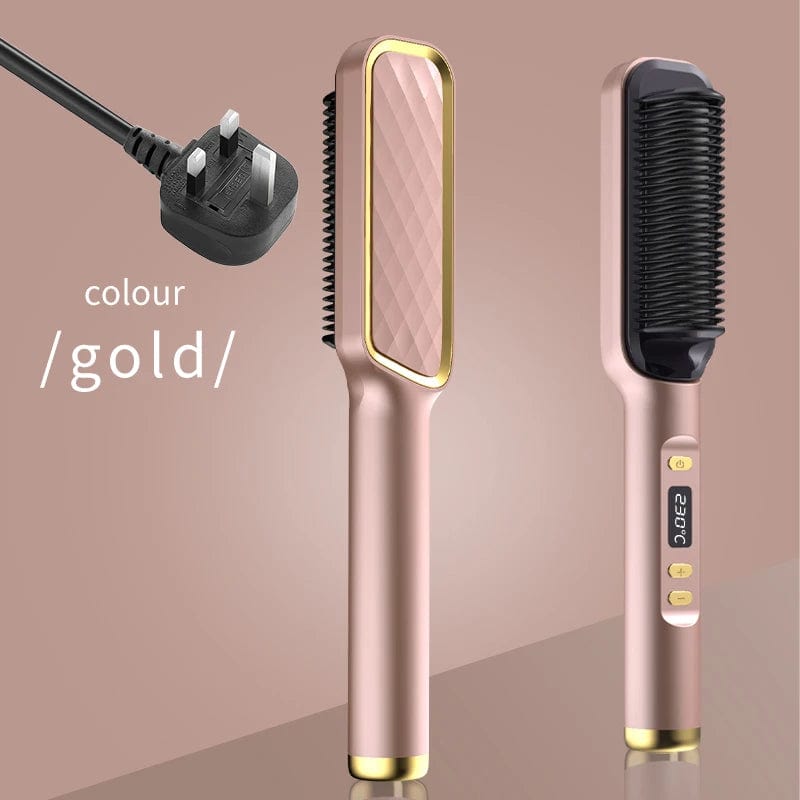  Showlu Fashion Store Champagne color UK Electric Hot Comb Multifunctional Straight Hair Straightener Comb Negative Ion Anti-Scalding Styling Tool Straightening Brush