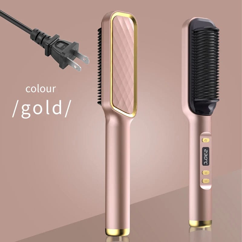  Showlu Fashion Store Champagne color US Electric Hot Comb Multifunctional Straight Hair Straightener Comb Negative Ion Anti-Scalding Styling Tool Straightening Brush