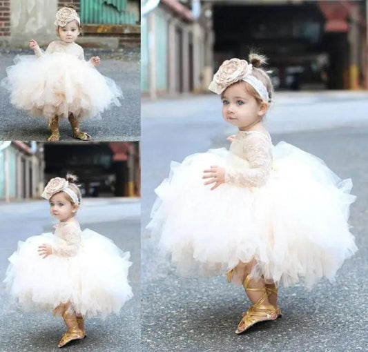 Showlu Fashion Store Champagne Tulle Newborn Baby Girls Baptism Dress 1st Birthday Newborn Princess Christening Gown Outfit Baby Girl Party Vestidos