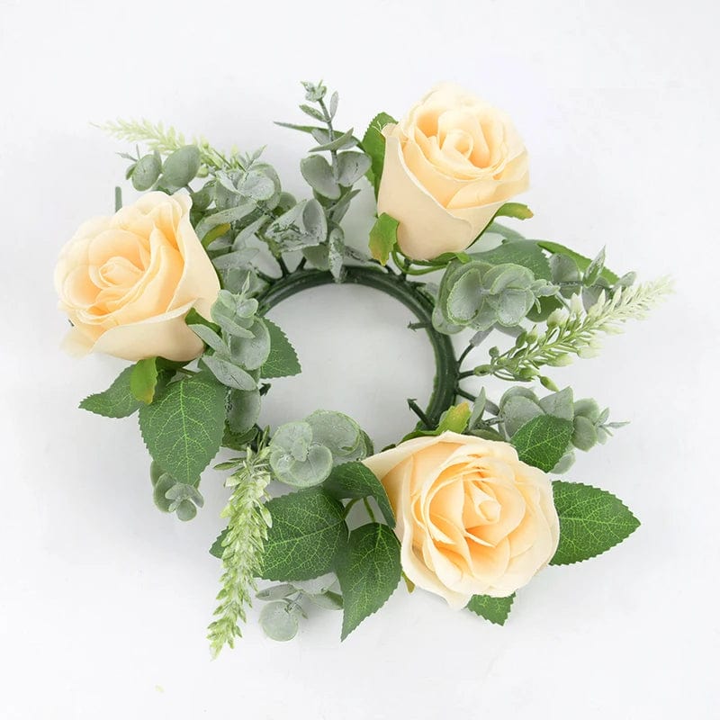  Showlu Fashion Store champagne Wedding Candle Holder Artificial Rose Flower Wreath Leaves Candlestick Rings Wedding Party Centerpiece Table Home Decorations