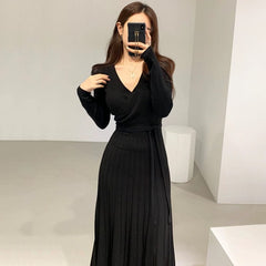 SHOWLU FASHION STORE Chic Cross Lace up Slimming Pleated Knit Dress