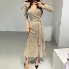 SHOWLU FASHION STORE Chic Cross Lace up Slimming Pleated Knit Dress