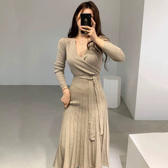 SHOWLU FASHION STORE Chic Cross Lace up Slimming Pleated Knit Dress