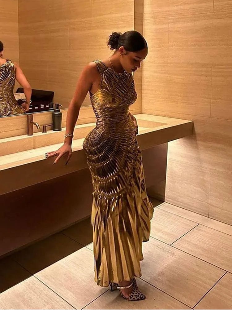 SHOWLU FASHION STORE Chic Gold Pleated Bodycon Maxi Dress For Women Elegant Round Collar Sleeveless Evening Robe 2024 Fashion Lady Party Prom Gowns ﻿