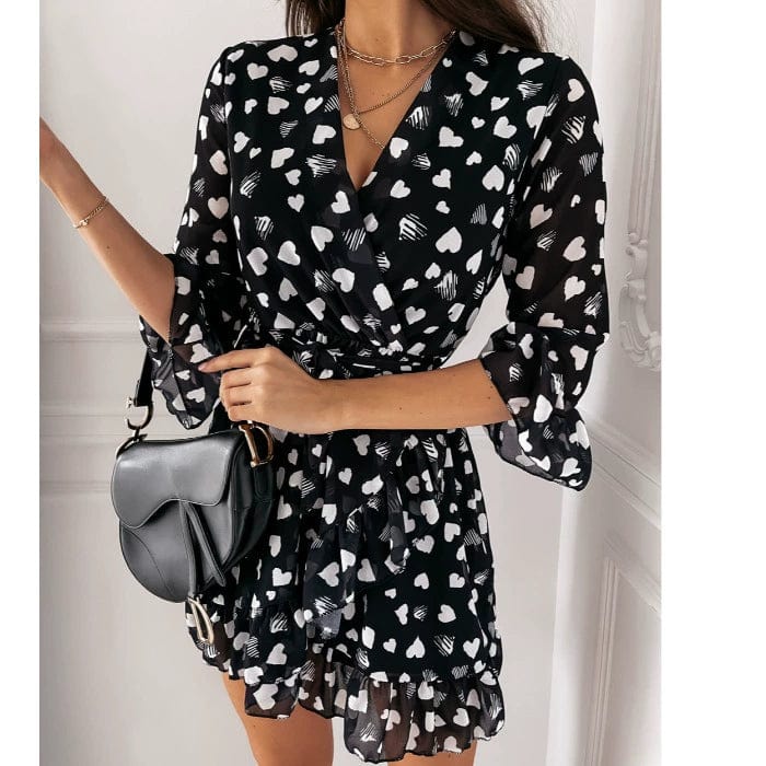 Showlu Fashion Store Chic Heart Print V-neck Dress