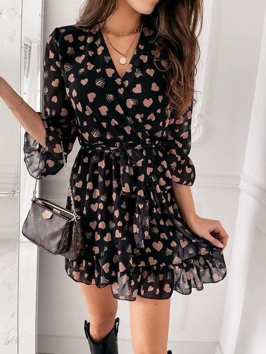 Showlu Fashion Store Chic Heart Print V-neck Dress