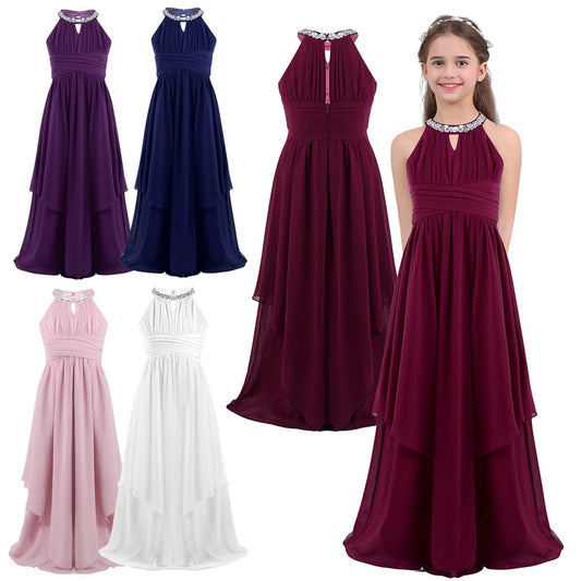 SHOWLU FASHION STORE Chiffon Flower Girls Dress Floor-Length Sleeveless Wedding Party Dress Sequined Halter Flower Girl Dress Princess Pageant Dress