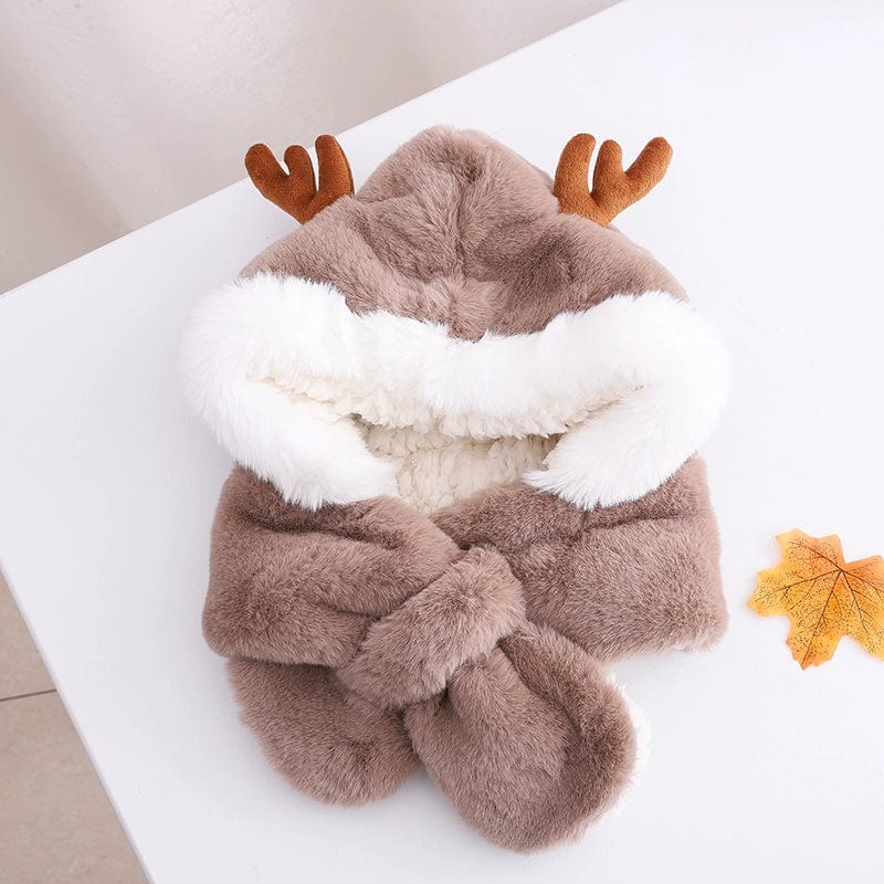  Showlu Fashion Store Children (1-6 years) / GM291 Antlers-Coffee Cute Autumn and Winter Antlers Women's Scarf Earmuffs Hat Christmas