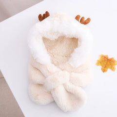  Showlu Fashion Store Children (1-6 years) / GM291 Antlers-creamy-white Cute Autumn and Winter Antlers Women's Scarf Earmuffs Hat Christmas