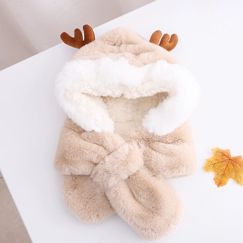  Showlu Fashion Store Children (1-6 years) / GM291 Antlers-khaki Cute Autumn and Winter Antlers Women's Scarf Earmuffs Hat Christmas