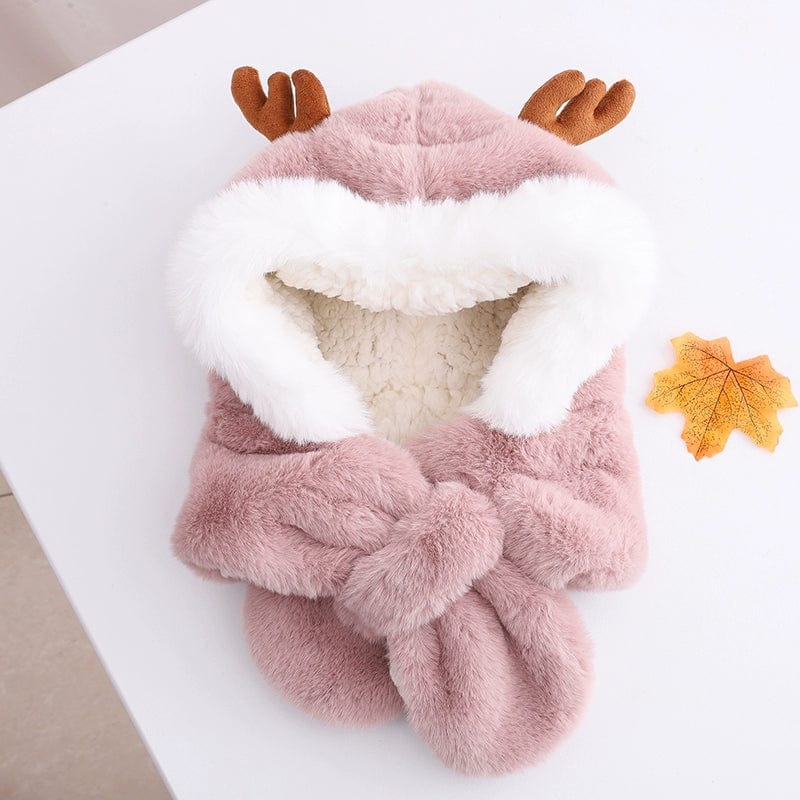  Showlu Fashion Store Children (1-6 years) / GM291 Antlers-Pink Cute Autumn and Winter Antlers Women's Scarf Earmuffs Hat Christmas