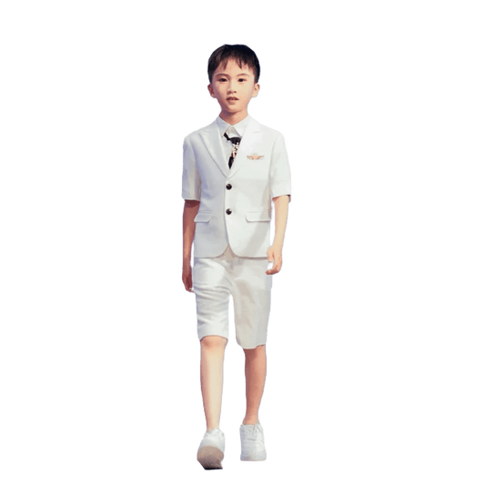 Showlu Fashion Store Children's Business Suit Summer Short-Sleeved Boy's Small Suit Birthday Flower Children's Dress Host Costume for Piano Performance White