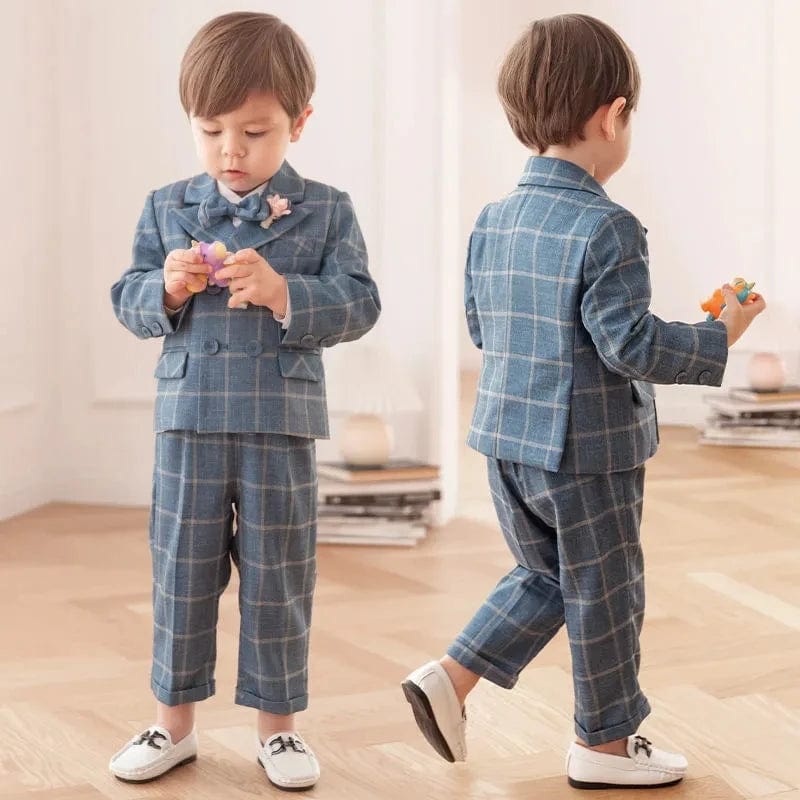 Showlu Fashion Store Children's Flormal Plaid Dress Suit Set Baby Boy Autumn Wedding Party Banquet Costume Kids Double Breasted Blazer Pants Bowtie