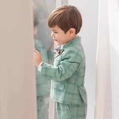 Showlu Fashion Store Children's Flormal Plaid Dress Suit Set Baby Boy Autumn Wedding Party Banquet Costume Kids Double Breasted Blazer Pants Bowtie