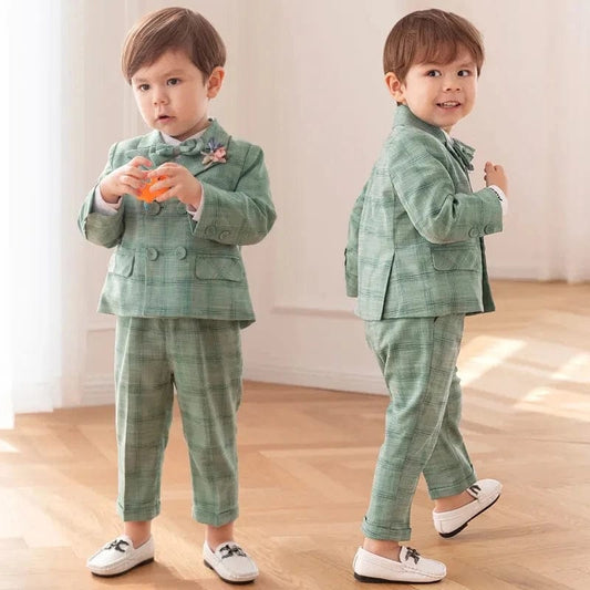 Showlu Fashion Store Children's Flormal Plaid Dress Suit Set Baby Boy Autumn Wedding Party Banquet Costume Kids Double Breasted Blazer Pants Bowtie