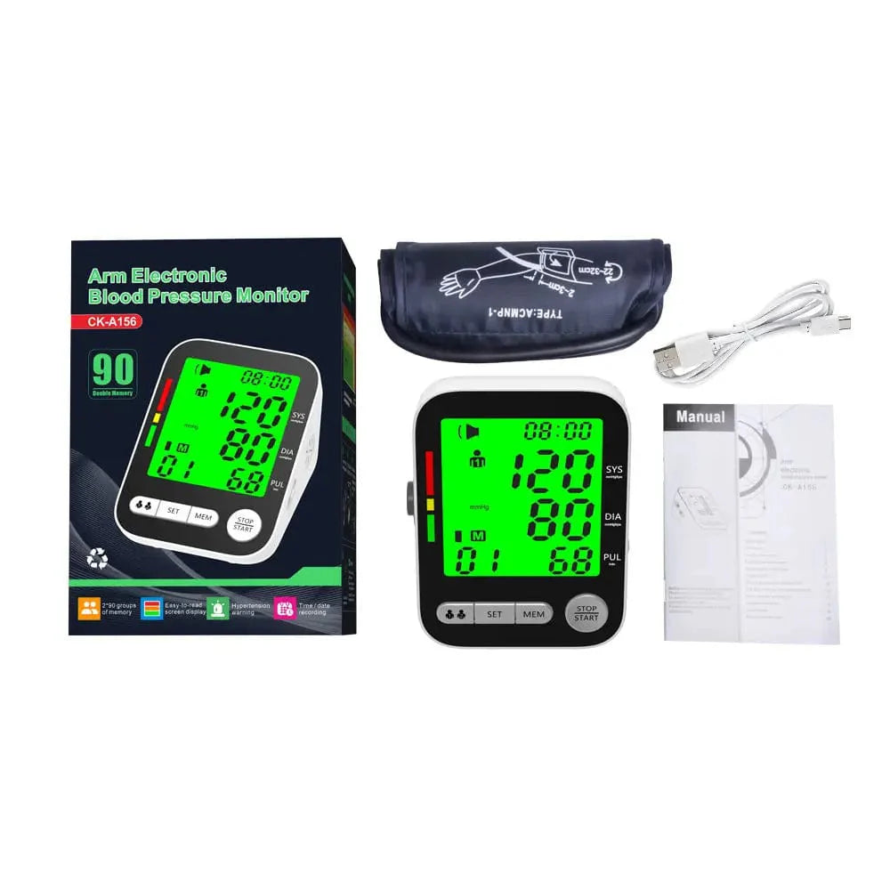 Digital blood pressure monitor by SHOWLU FASHION STORE with talking arm cuff, electronic sphygmomanometer, and BP measurement display.